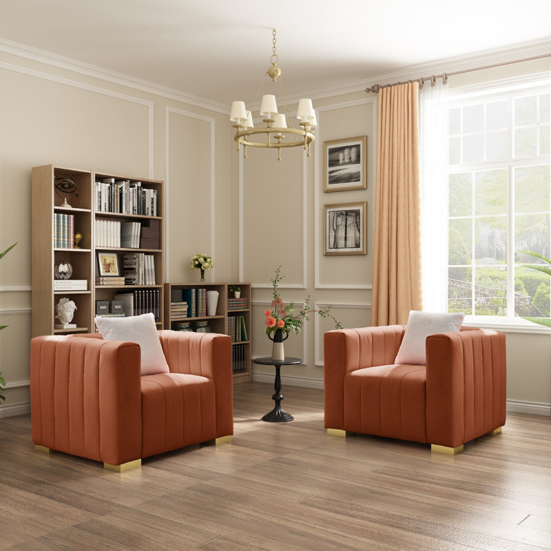 Fauteuil d'appoint confortable en velours à rayures verticales 35,4 po, Doré, Brun