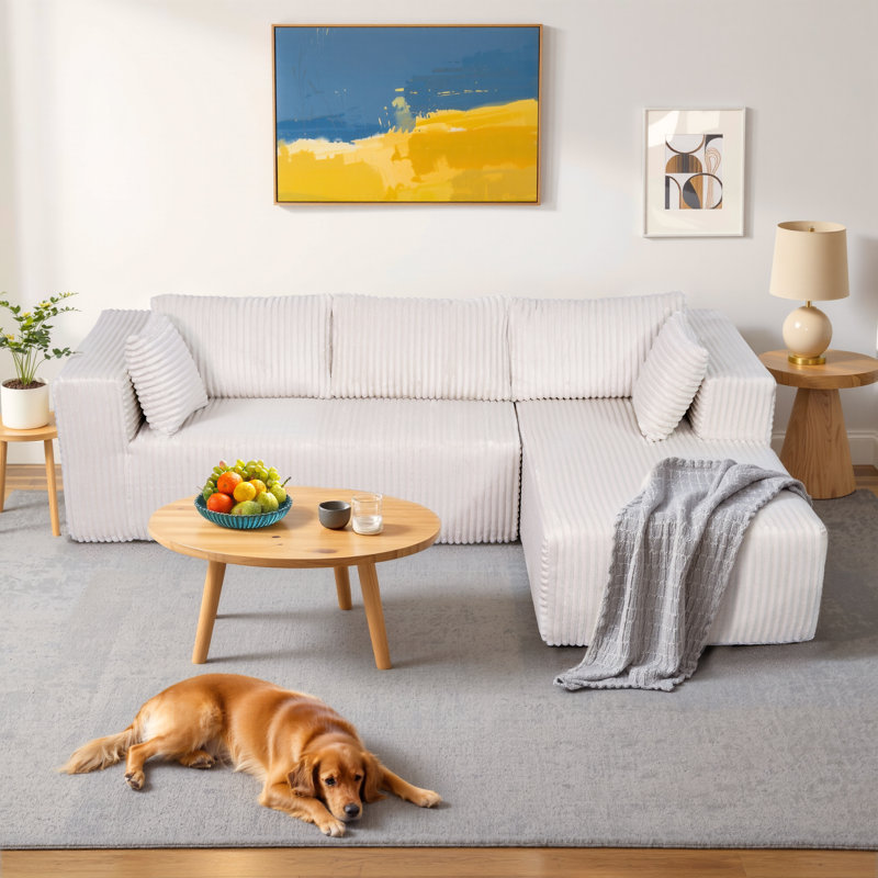 Canapé modulaire de 105 po avec méridienne Cloud, siège profond modulaire, aucun assemblage requis, canapé de compression rembourré en velours côtelé pour le salon, méridienne beige