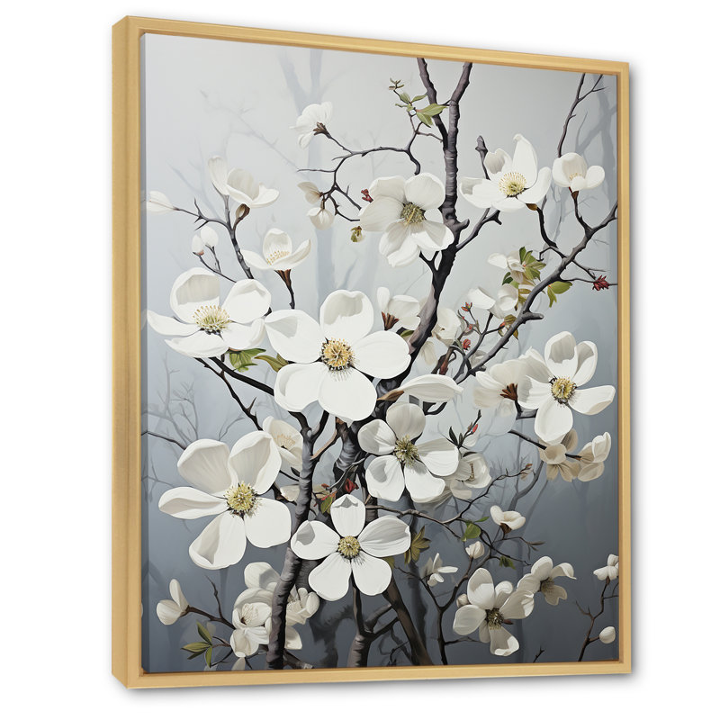Noir et blanc cornouiller I - reproduction sur toile, Cadre naturel flottant, H 32 po x l 16 po x P 1 po