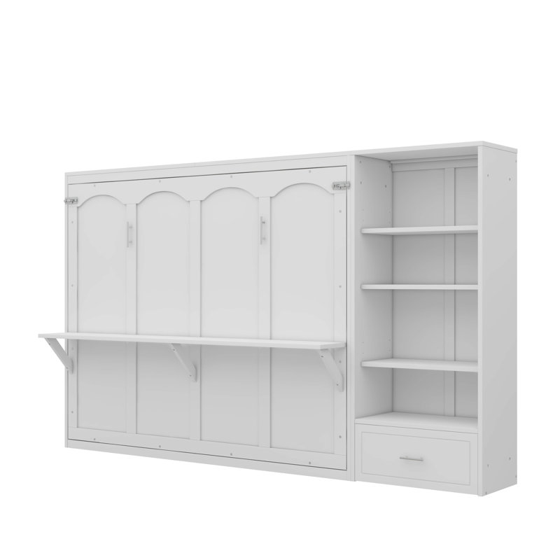 Grand lit escamotable avec tablettes de rangement réglables en hauteur et 1 tiroir, Blanc