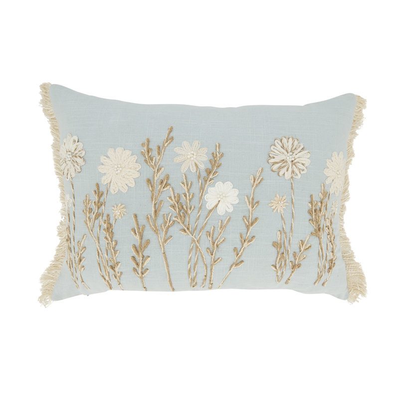 Delicate Embroidered Floral Pillow Cover, Polyester, Blue