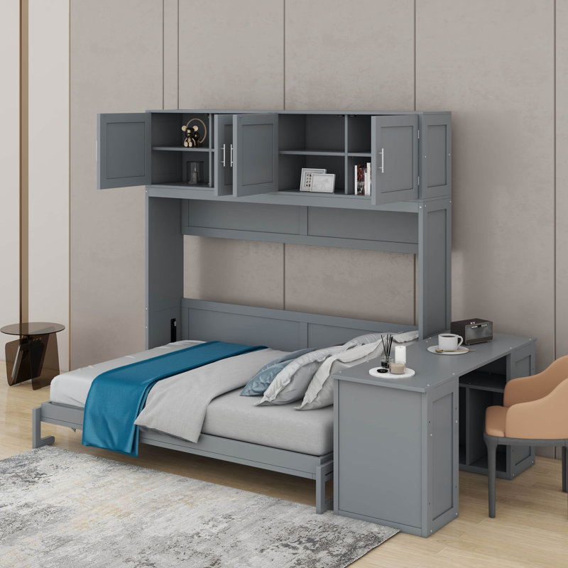 Grand lit escamotable avec bureau, tablettes de rangement et armoires, Gris
