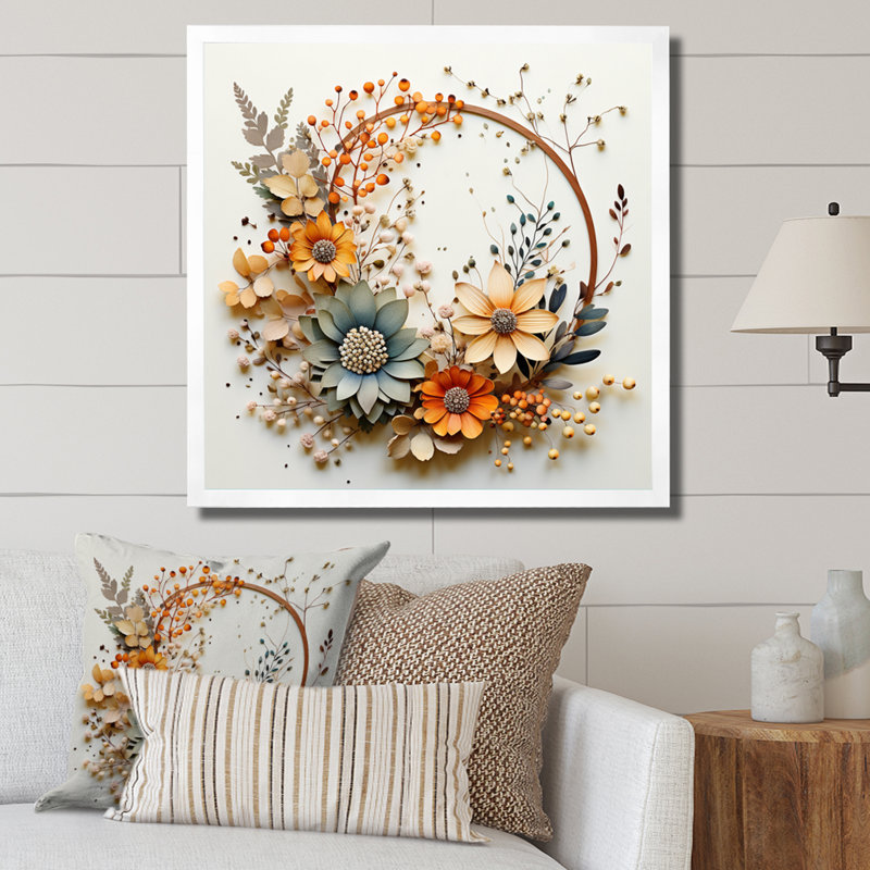 Couronne florale beige et orange I, reproduction sur toile, Blanc, H 24 po x l 24 po x P 1 po