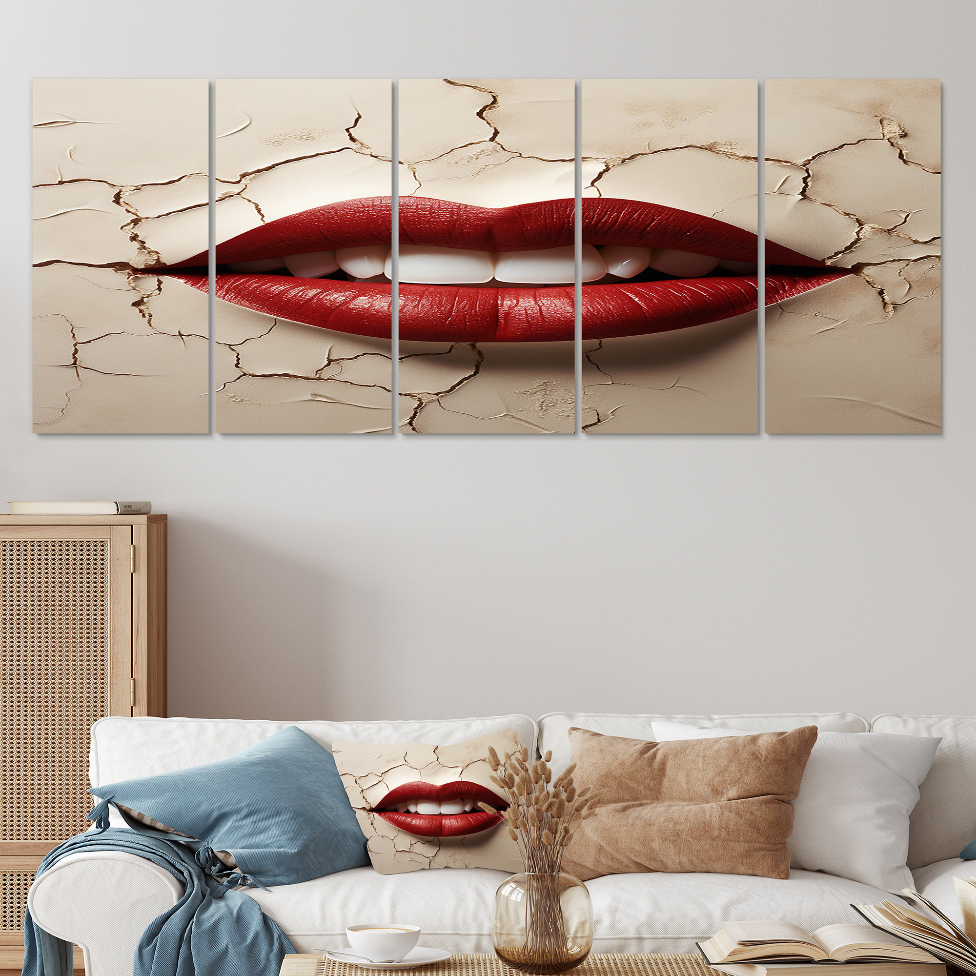 Mercer41 Smiling Woman Red Lips - Fashion Lips Wall Art Canvas 5 Piece ...