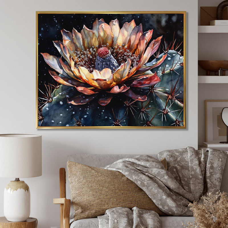 Rowin Brown Green Cactus Flower II sur impression sur toile, H 30 po x l 40 po x P 1,5 po, Cadre flottant doré