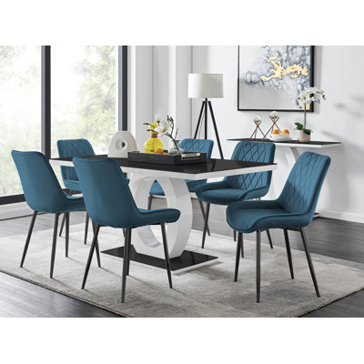 Scottsmoor Modern High Gloss Halo 6 Seater Dining Table Set with Luxury Velvet Dining Chairs