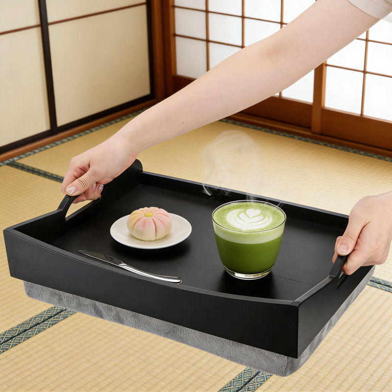 Plateau en bambou avec coussin amovible - plateau de service portatif avec poignée pour manger, lire ou travailler sur un canapé, un lit ou un fauteuil inclinable