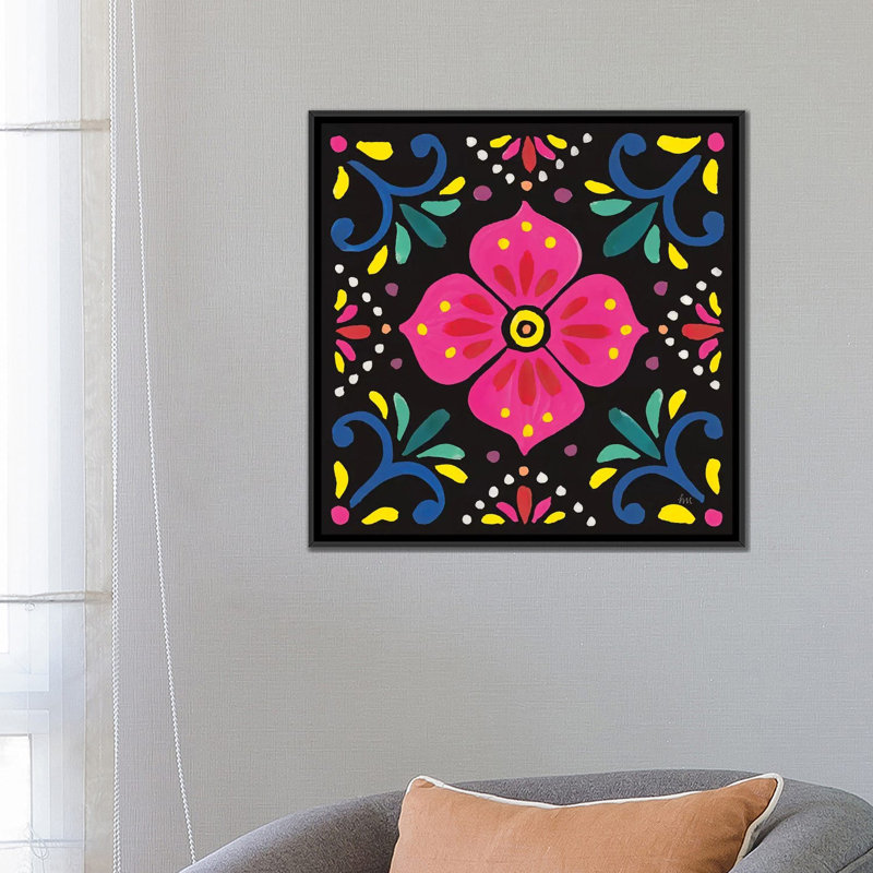 « floral fiesta tile ix », impression sur toile, H 18 po x l 18 po x P 1,5 po, Toile avec cadre noir, Pas de tapis