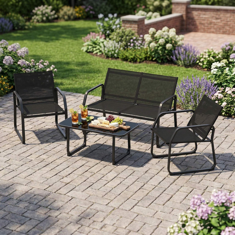 4-Piece All-Weather UV-Resistant Patio Conversation Set, 3 Soft Padded Breathable Quick-Dry Fabric Seats, Scratch-Proof Tempered Glass Tabletop