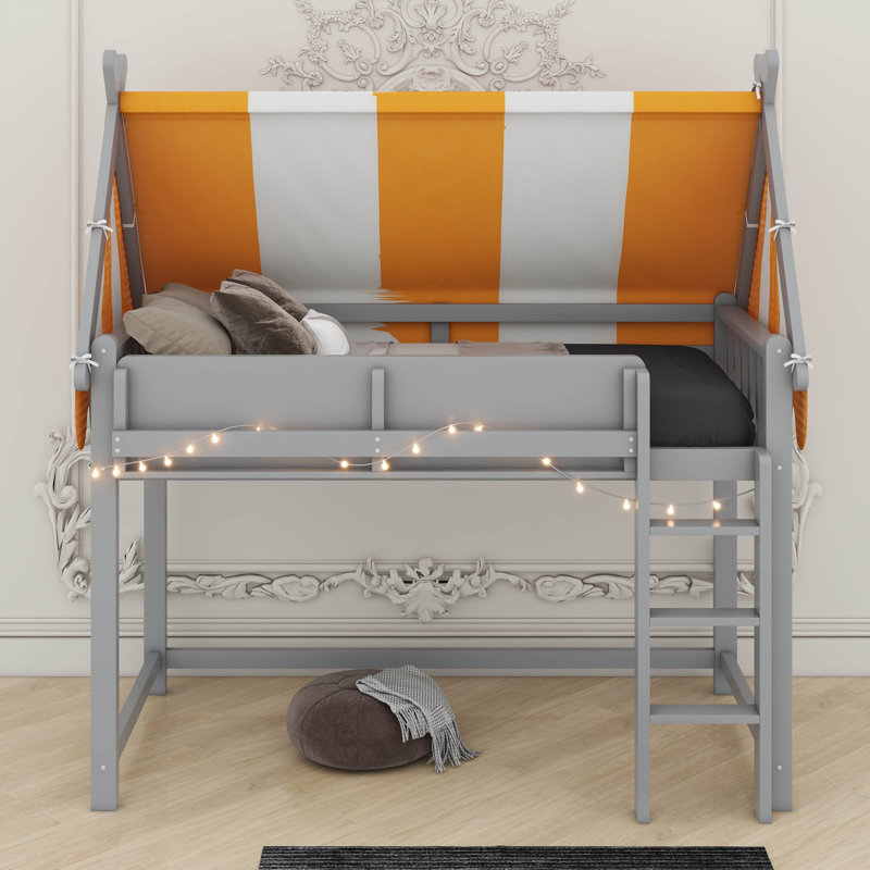 Lit mezzanine double avec auvent, lumières DEL et étagère à livres, gris, Complète