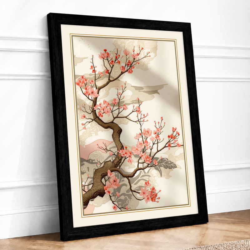 Cherry Blossom Branch Japandi - Framed Print, Black, A4 - 29.7 x 21.0 cm