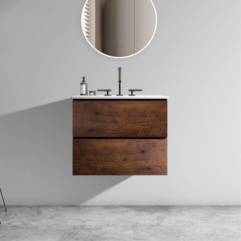Meuble-lavabo mural de 30 po avec lavabo en céramique et trois trous de robinet, offrant une élégance intemporelle et une fonctionnalité améliorée.