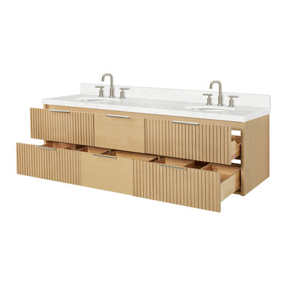 Ensemble de meuble-lavabo mural ovale double 72 po avec comptoir en quartz blanc Carrara de 1,5 po Mulloy
