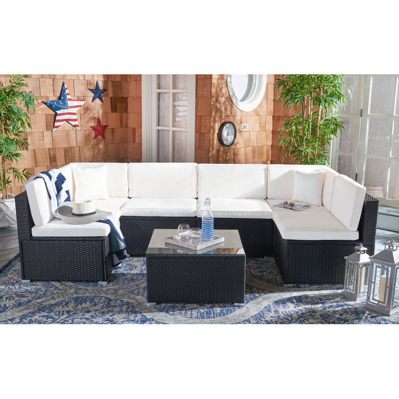 Azrien Wood 6 - Person Modular Patio Conversation Set with Cushions, Black Frame/Beige Cushion