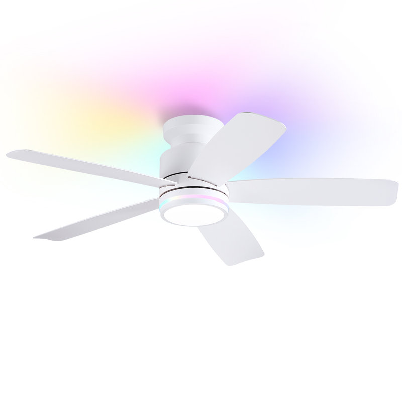 Flush Mount Ceiling Fan With Led Lights And Remote Control, 46", White-RGB