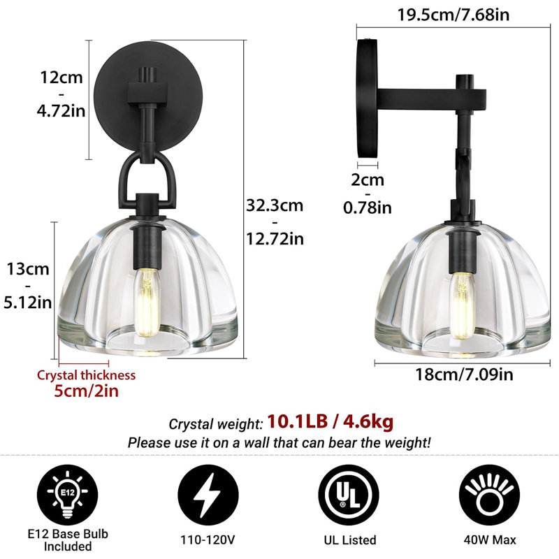 Applique murale en verre dôme 1 lumière 7 ", finition noir mat avec ampoule E12 pour meuble-lavabo, Matte Black