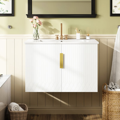 Meuble-lavabo vintage de 76 cm (30 po), lavabo en céramique blanche à 3 trous, armoire à double porte, étagère réglable, montage facile, meuble-lavabo en bois massif au design minimaliste à rayures, quincaillerie anticorrosion, surface facile à nettoyer