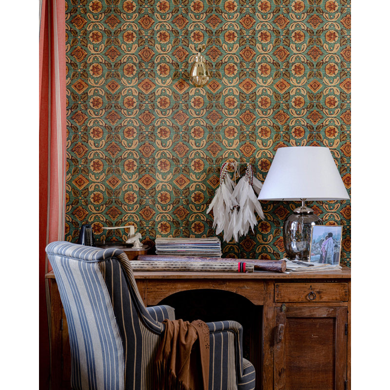 Woodstock Lifestyle Floral Wallpaper Roll, Green/Red/Taupe