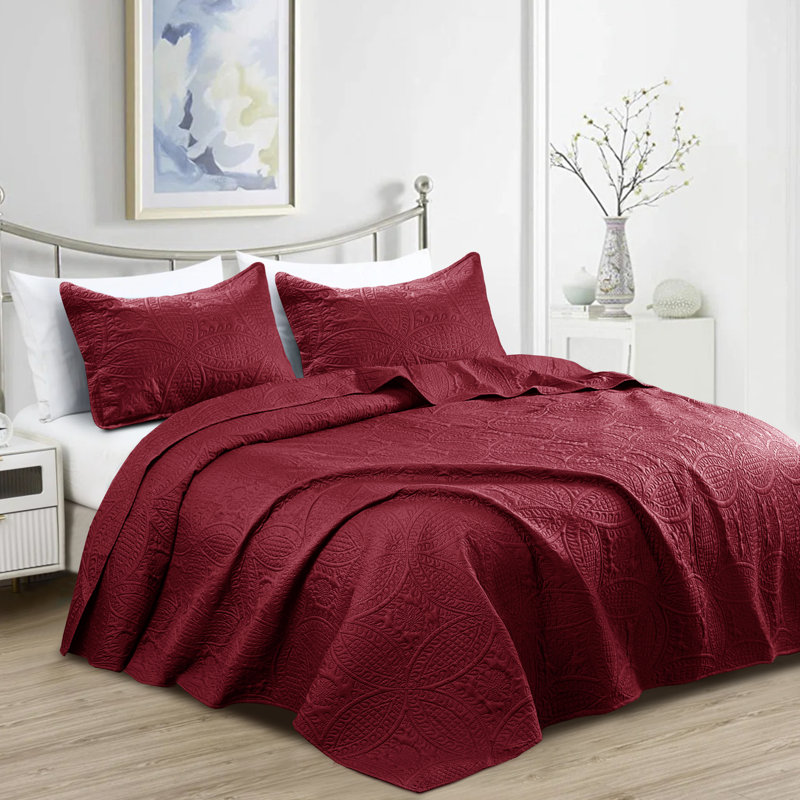 3 Piece Bedspread Set - Reversible Quilt Set - Lightweight Microfiber Coverlet for Queen King Twin, Burgundy