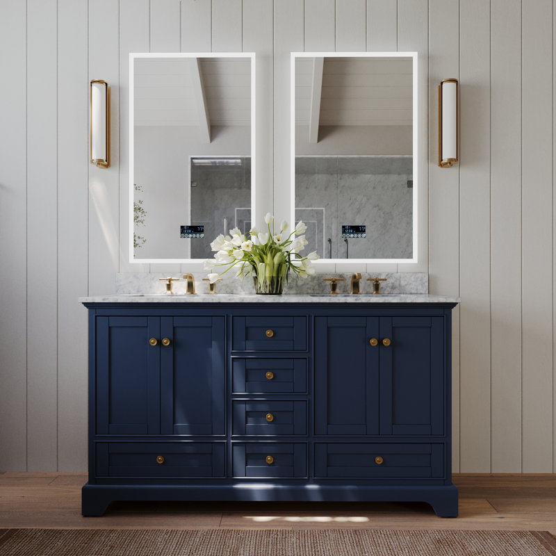 Ensemble de meuble-lavabo double 60 po Varna, Bleu héritage / or brossé, Marbre blanc de Carrare