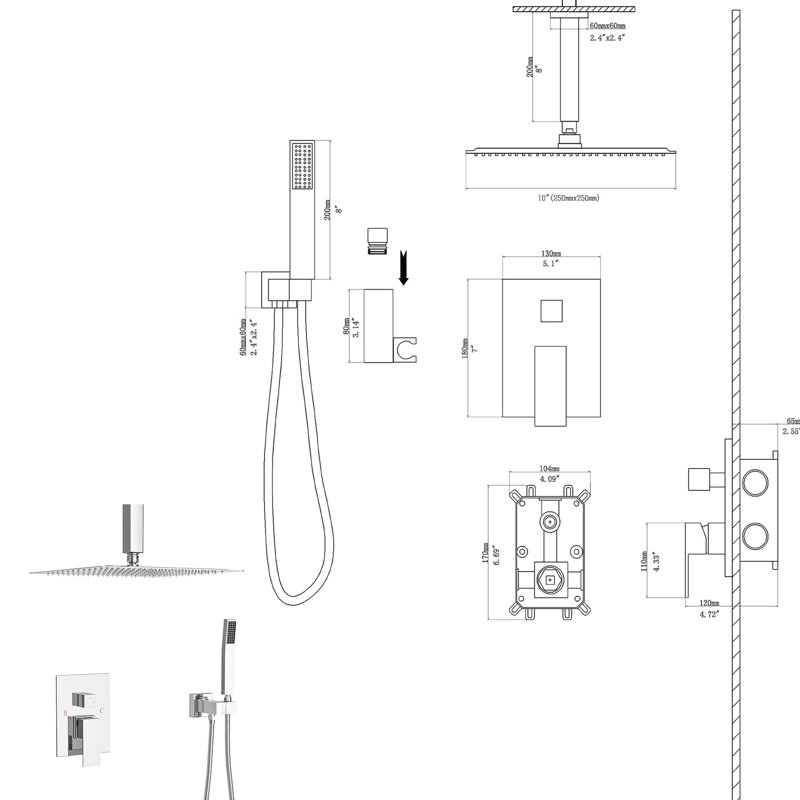 Dual Shower Head - 10 Inch Ceiling Mount With Rainfall And Handheld, Easy To Clean Nozzle Square In Mount, Handheld For Comfort