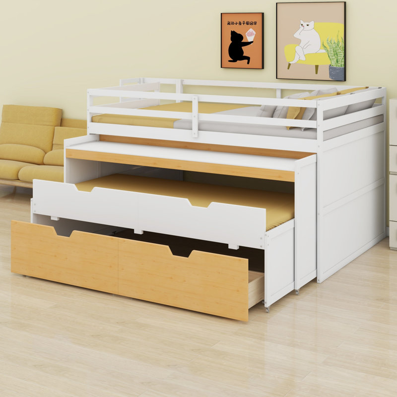 Lit mezzanine fonctionnel avec lit gigogne, bureau coulissant et tiroirs de rangement, Double XL, Blanc + couleur bois