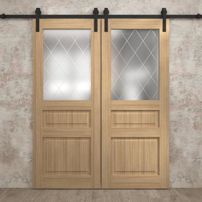Modern Double Barn Door 36 x 84 inches Ego 5011 Natural Oak 13FT Rail Track Set Solid Panel Interior Doors