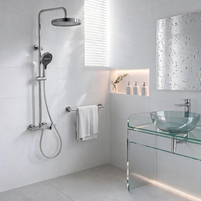3-Function Shower System with Rain Shower Head, Handheld Spray and Tub Spout with Push-Button Diverter