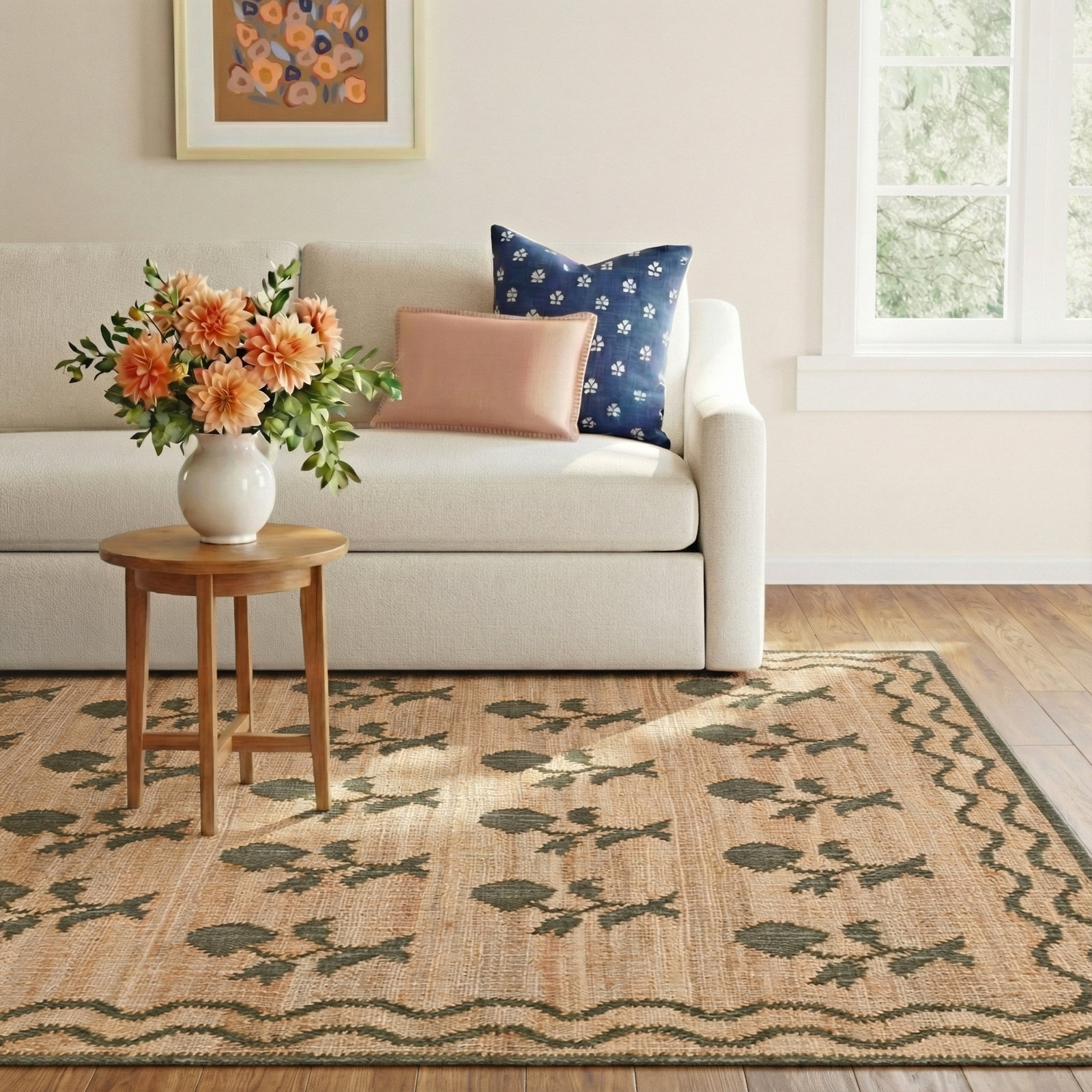 Orchard Green Hand-Woven Floral Jute Rug, Rectangle 8' x 10'