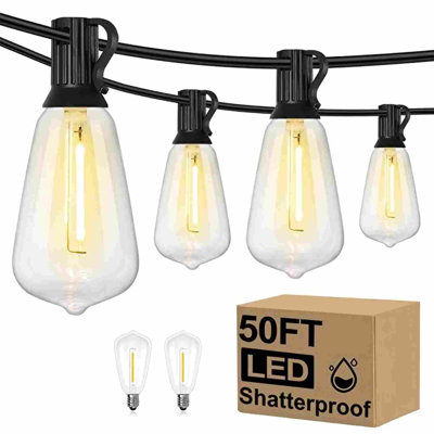 50FT Led Outdoor String Lights, St38 Vintage Edison Bulbs, 12 Shatterproof Lights, 2700K Warm White, Waterproof Hanging Lights For Patio, Porch, Deck, Garden, Backyard, Balcony, Parties & Holiday Decor