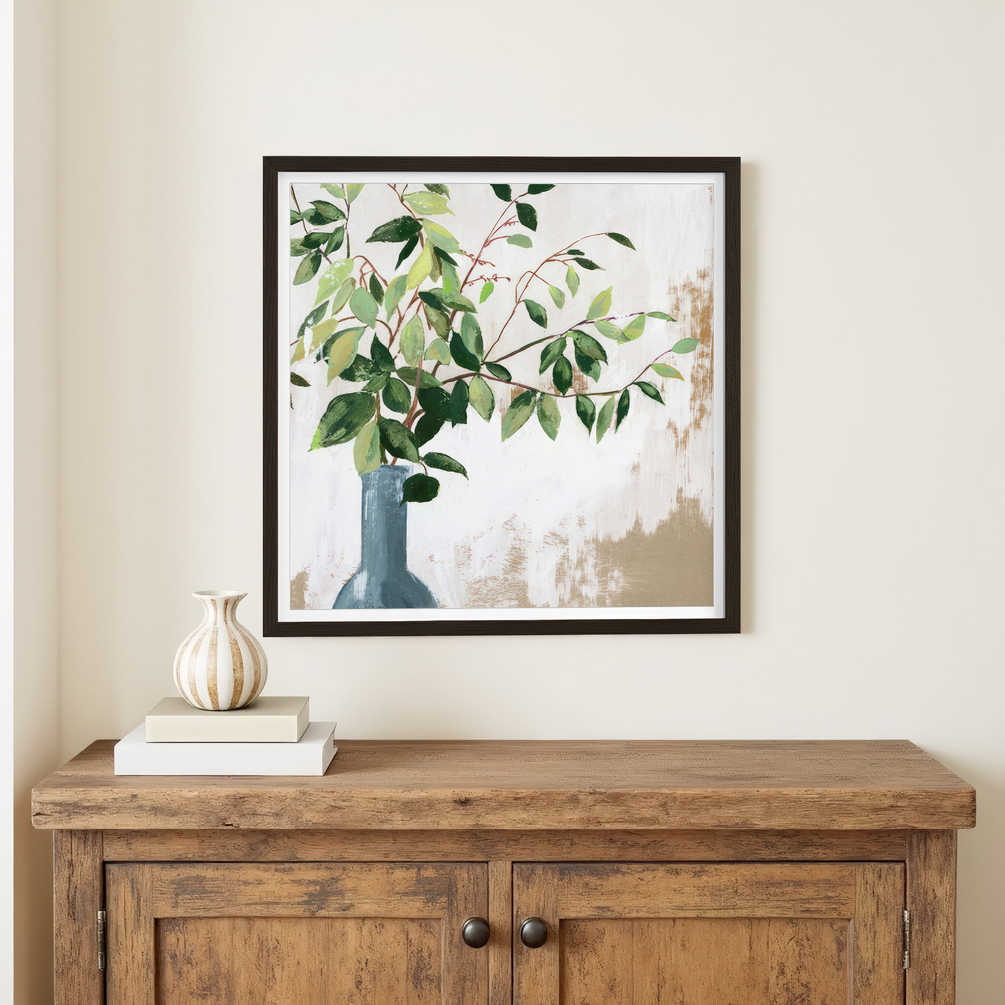 Green Fall Leaves by Asia Jensen - Picture Frame Painting, Walnut Framed, 32" H x 32" W x 0.75" D