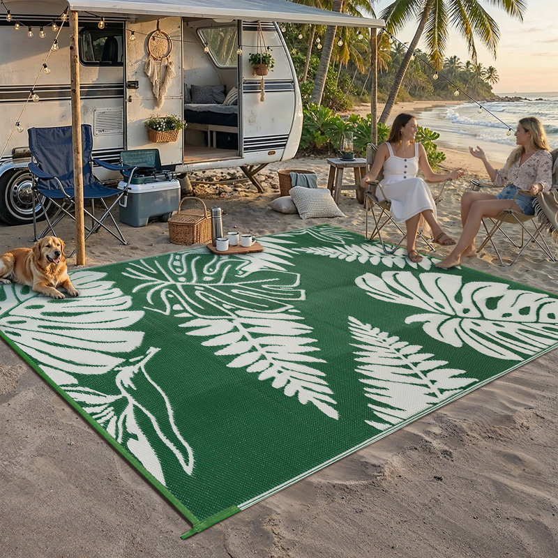 Ellie Reversible Green Leaf Outdoor Rug, Rectangle 9' x 12', Green
