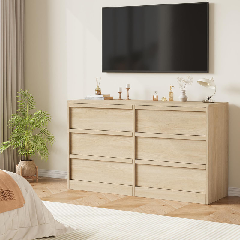 Commode moderne à 6 tiroirs pour chambre à coucher, large commode en bois de chêne naturel avec grand rangement, organisateur robuste à deux rangées pour chambre d'enfant et salon