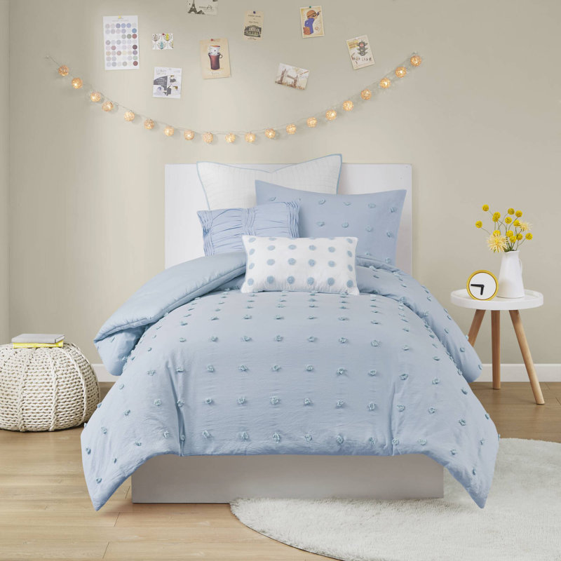 Ensemble d'édredon en jacquard de coton Brooklyn avec taies décoratives européennes et coussins décoratifs, Bleu