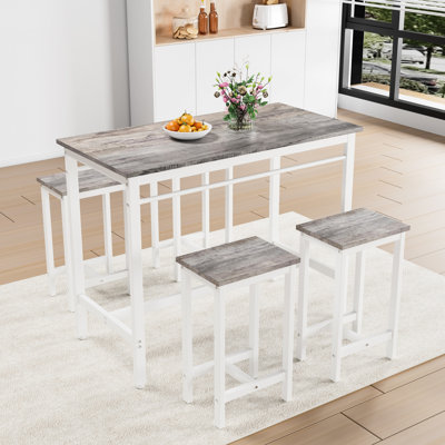 Table de salle à manger rustique 5 pièces et quatre tabourets de bar, structure en métal, chêne blanc, idéal pour les réunions de famille à la maison
