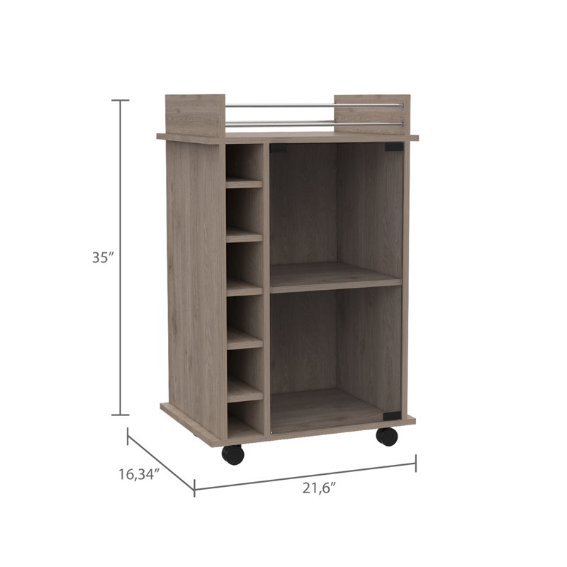 Chariot-bar Dukat, deux tablettes, six supports à vin intégrés, quatre roulettes, Gris clair