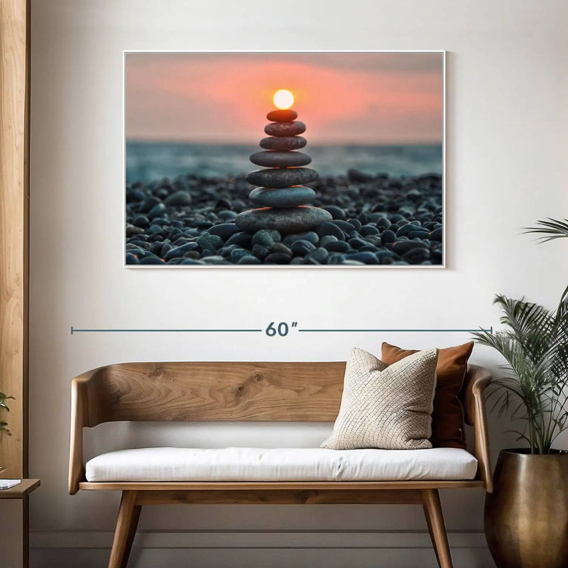 Zen pile au coucher du soleil, Cadre flottant blanc, 46 po x 31 po