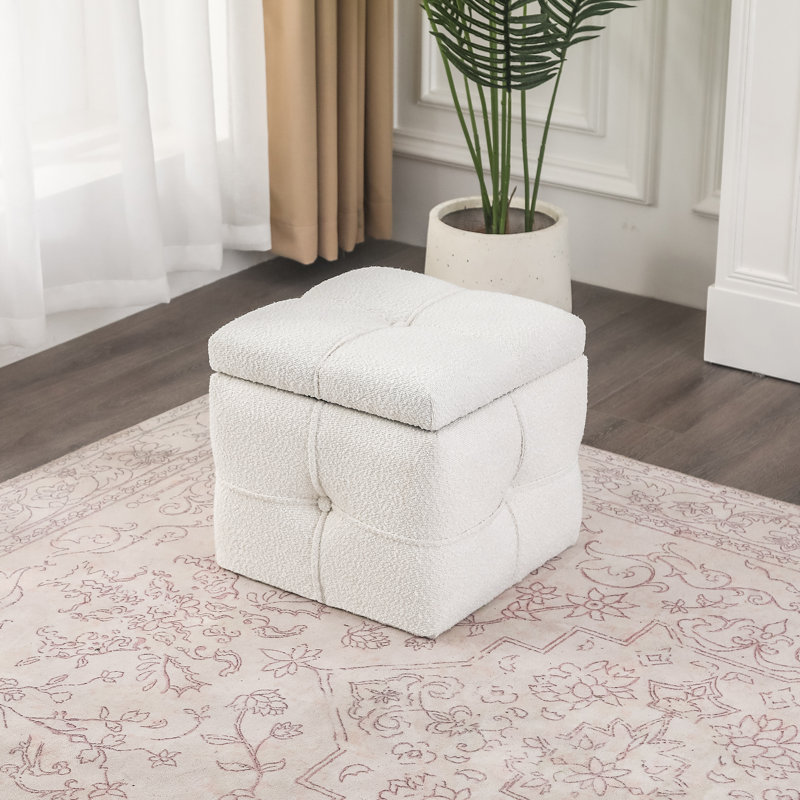 Cube Boucle Upholstered Storage Ottoman, White