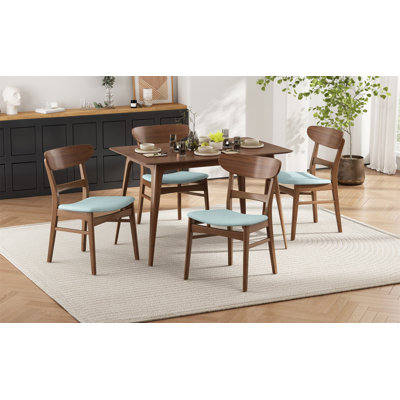 [Vidéo] Ensemble de salle à manger 5 pièces de style Mid-Century moderne, structure en bois d'hévéa, une table et 4 chaises rembourrées