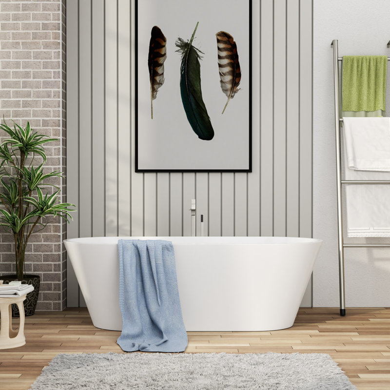 Freestanding Soaking Acrylic Bathtub with Pop Up Drain and Overflow Hole, White, 67" L x 31.5" W