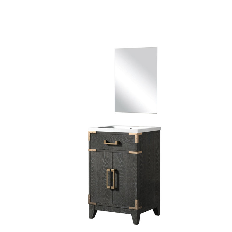 Meuble-lavabo simple avec miroir de 45,7 cm (18 po), comptoir en chêne noir de 50,8 cm (20 po) de largeur, système de fermeture amortie et espace de rangement.