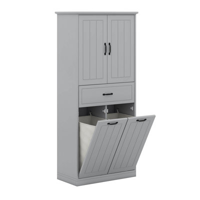 Armoire de rangement moderne en bois avec 2 paniers à linge, trieur de linge coulissant avec portes et tiroir