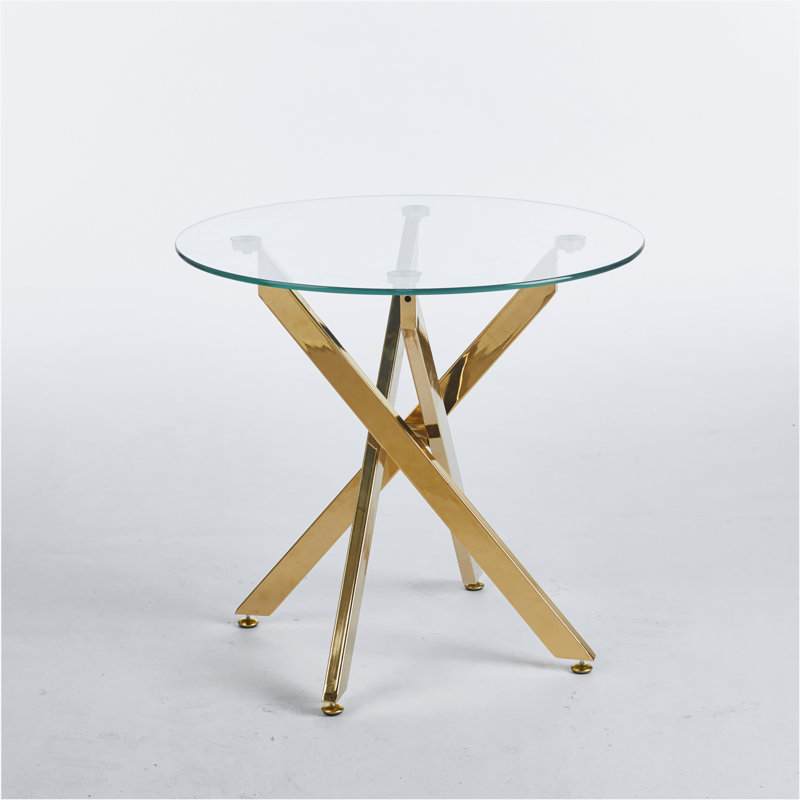 Round Dining Table with cross metal leg and tempered glass, White, 29.13''H x 35.43''L x 35.43''W, Transparent