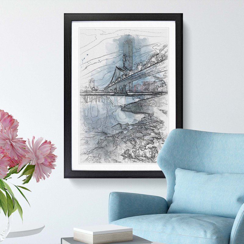 The Brooklyn Bridge in New York in Abstract - Picture Frame Drawing Print, Black Framed, 87cm H x 62cm W x 2cm D
