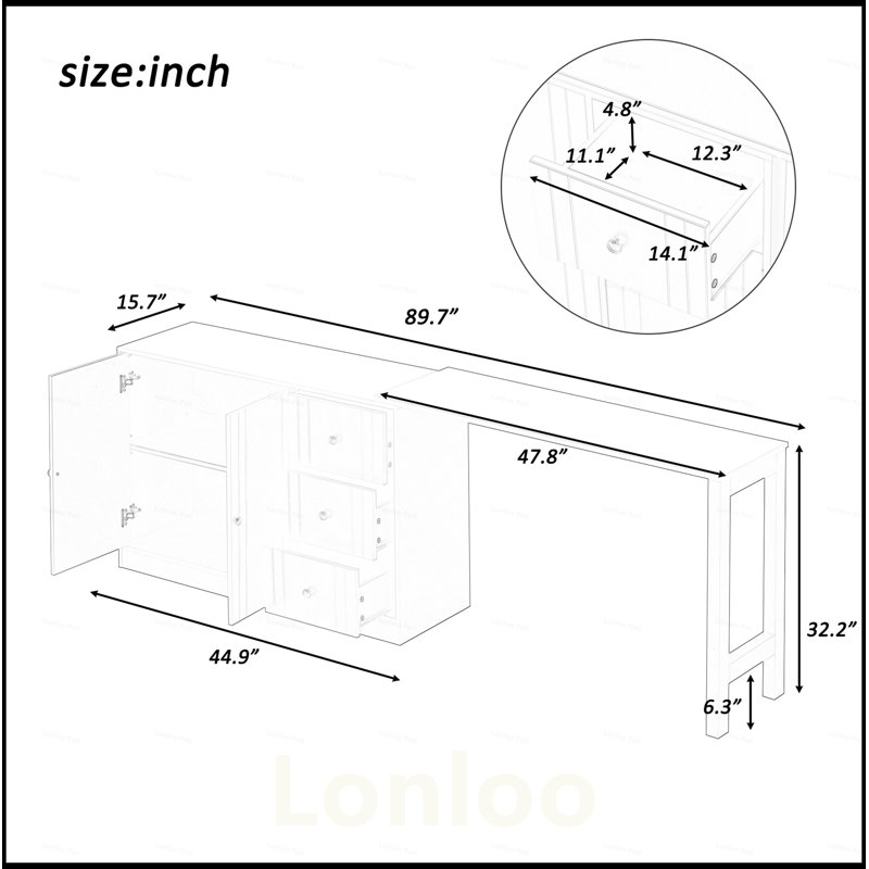 Wooden Sideboard with Extendable Table, Multifunctional Storage Cabinet for Small Spaces, 2 Doors and 3 Drawers, Living Room and Kitchen