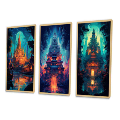 Magical Buddhist Temple Dreamscape - Buddhism Art Set Of 3 Pieces