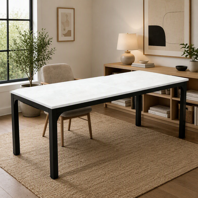 Bureau d'ordinateur moderne, espace de travail rectangulaire, robuste et spacieux pour la maison ou le bureau, Blanc/Noir