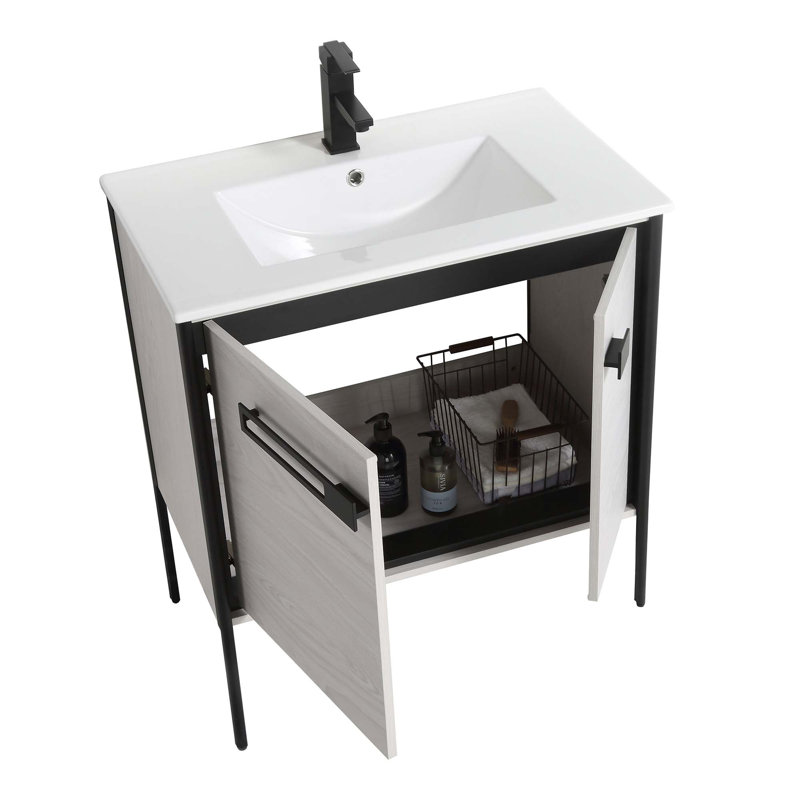 Meuble-lavabo simple 30 po, Noir mat, Chêne gris doux