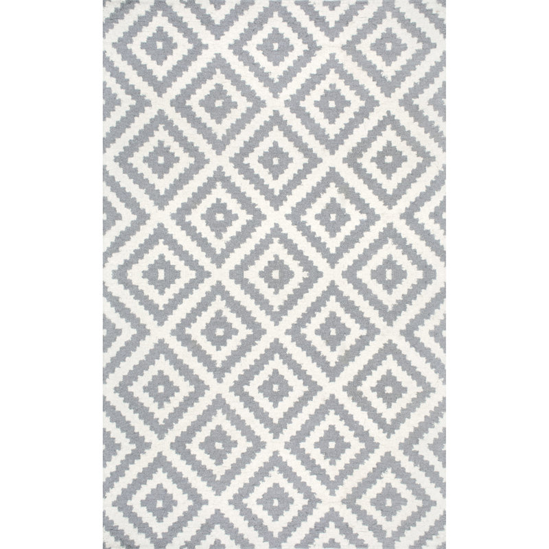 Tapis décoratif en laine à motif géométrique pour le salon, la salle à manger, le vestibule, l'entrée et la cuisine Kellee, gris / blanc