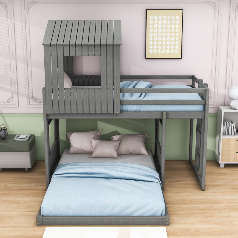 Playhouse Twin Over Full Bunk Bed With Farmhouse Design And Ladder, Antique Gray